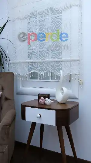 Ekru Desenli Çiftli Sistem Stor Perde- Krem Açık