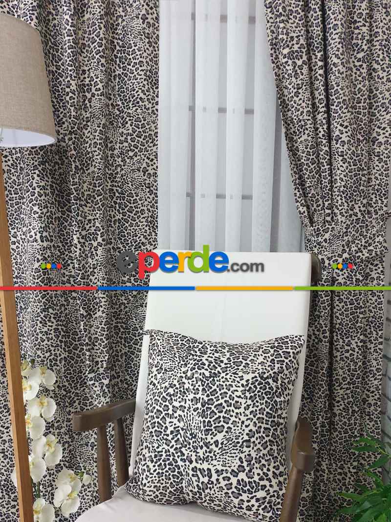 Leopar Desenli Baskılı Fon Perde - Kampanyalı Kaliteli Ürün-  Çok Renkli 3