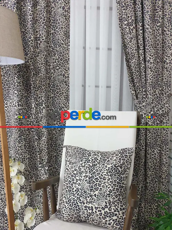 Leopar Desenli Baskılı Fon Perde - Kampanyalı Kaliteli Ürün-  Çok Renkli 3