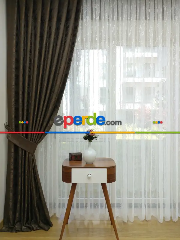 Patinedesenli Kahve - Katyonik Jakar Fon Perde- Kahve