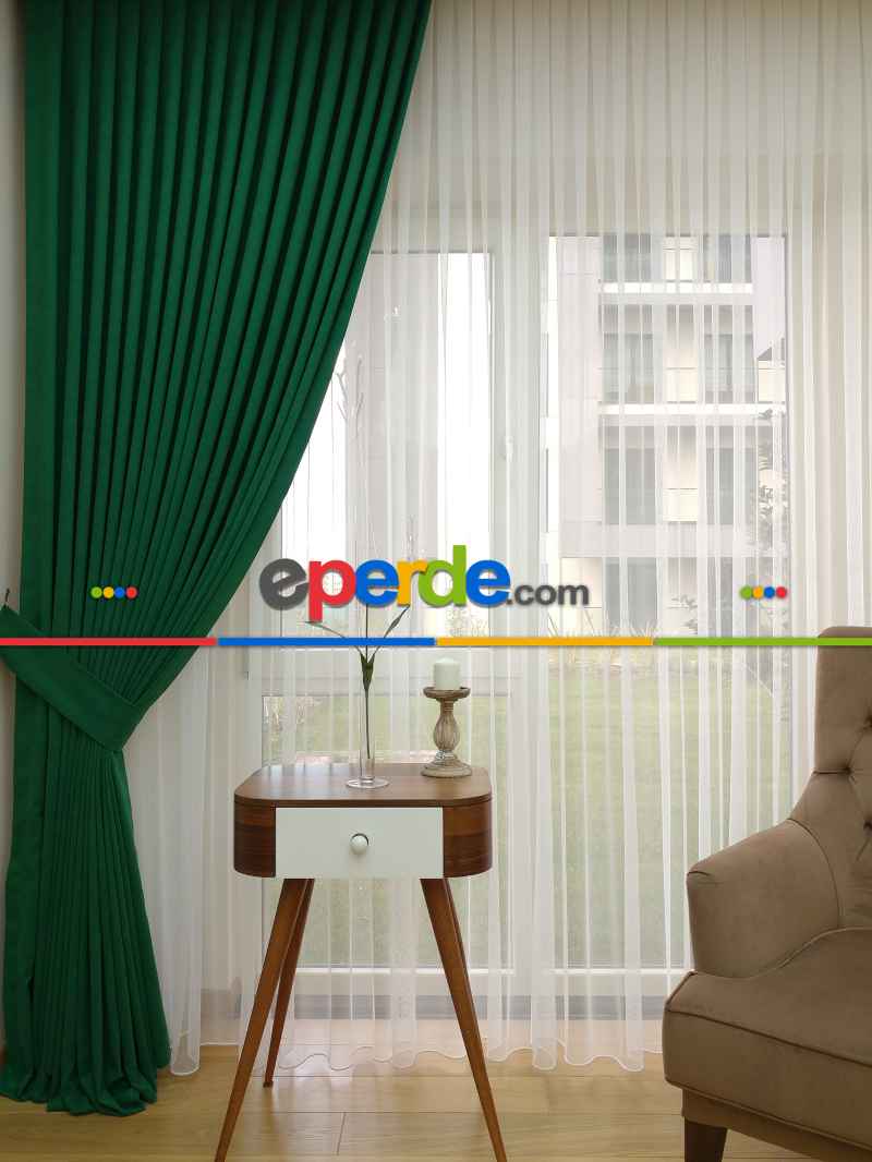 Oturma Odası - Koyu Yeşil Düz Fon Perde (  Dökümlü Fon )- Yeşil Koyu Yeşil