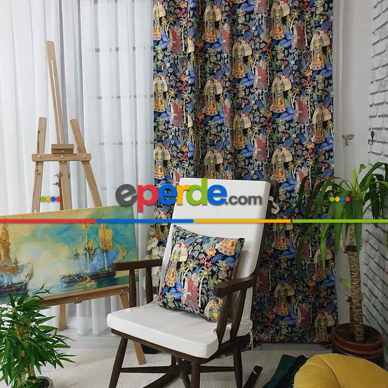 Popart Desenli Fon Perde Evmpopart4 Kumaşı Kalındır Duck Bezi Değildir- Çok Renkli 2