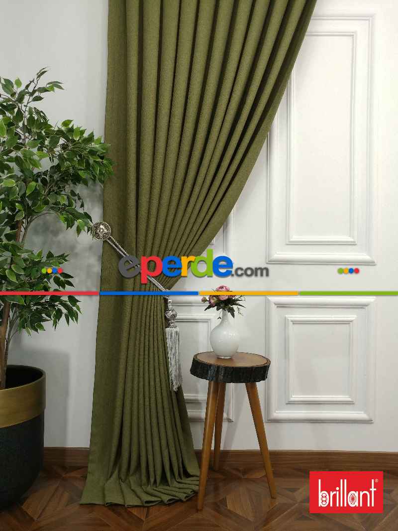 Brillant Keten Yeşil Renk Düz Fon Perde - Yeşil