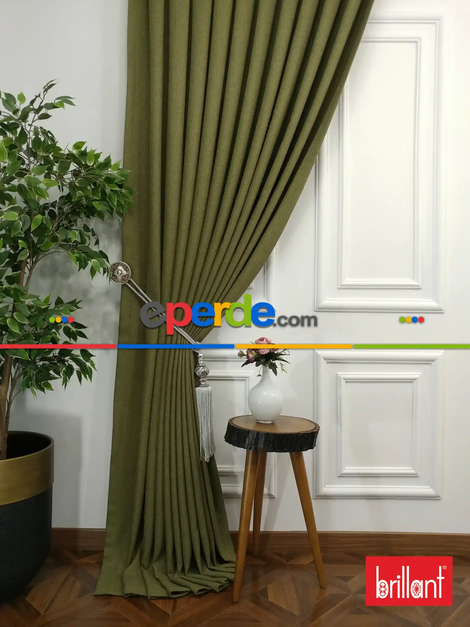 Salon - Brillant Keten Yeşil Renk Düz Fon Perde - Yeşil