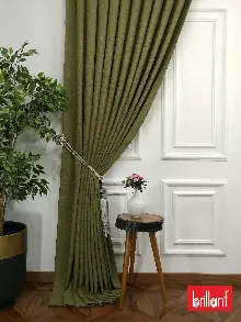 Yatak Odası - Brillant Keten Yeşil Renk Düz Fon Perde - Yeşil