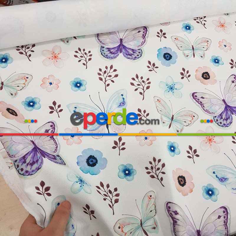 Kelebek Ve Çiçek Desenli Fon Perde Evm815 Kumaşı Kalındır Duck Bezi Değildir- Beyaz