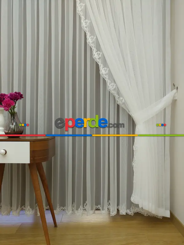 Fansız Dantel Fon Perde Etek Ucu Kortlu Nakış (güpür ) İşlemeli - 3 İçindeki Tül Kodu #22169- Ekru