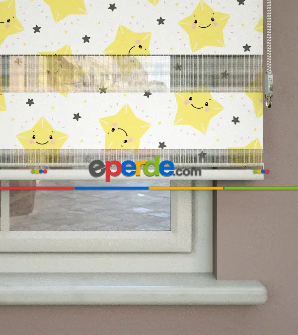 Yıldız Desenli Baskılı Zebra Perde- Çok Renkli