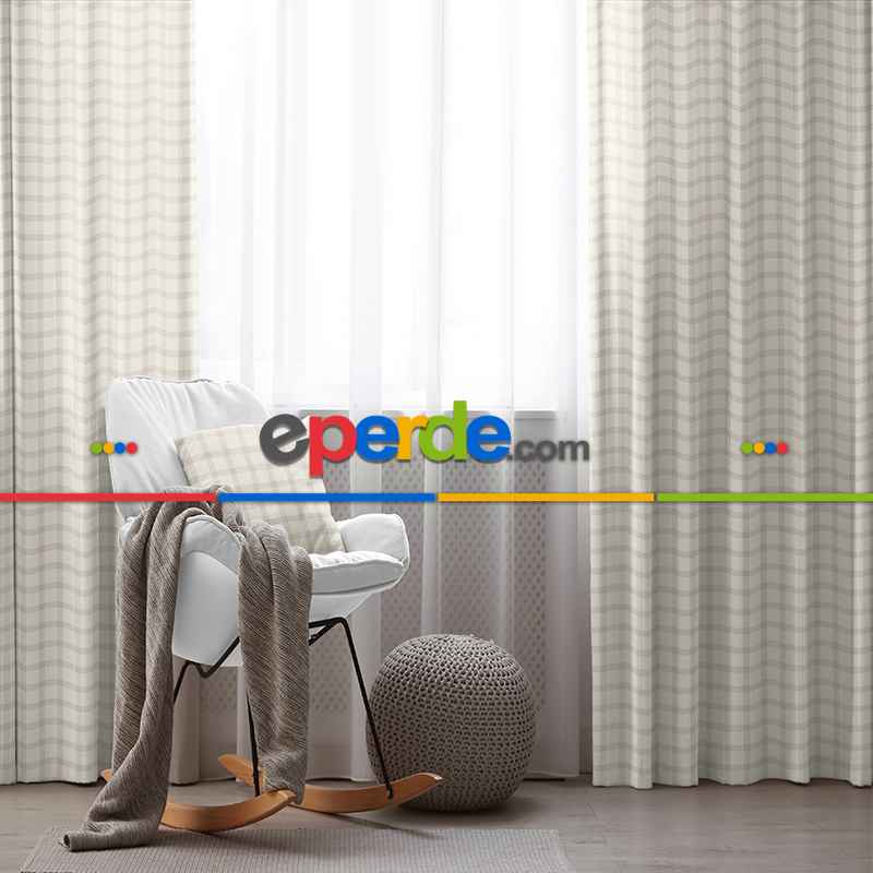 Kız ve Erkek Bebek Odası Fon Perde - Krem Bej - Ekose Desenli