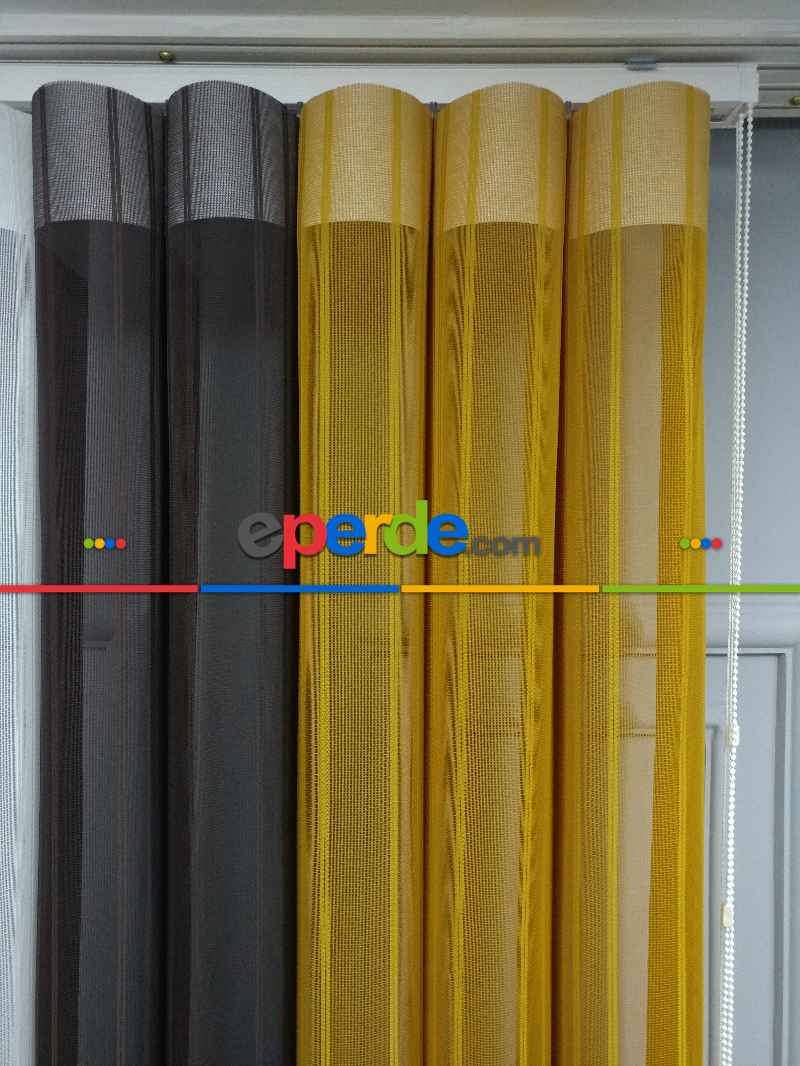 Lens Akıllı Dikey Tül Perde 117- Beyaz-kahve Koyu-hardal