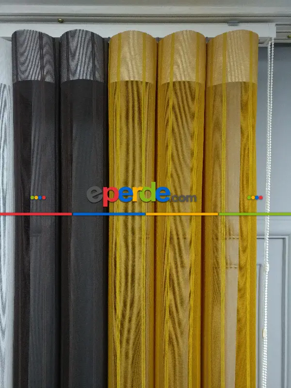 Lens Akıllı Dikey Tül Perde 117- Beyaz-kahve Koyu-hardal