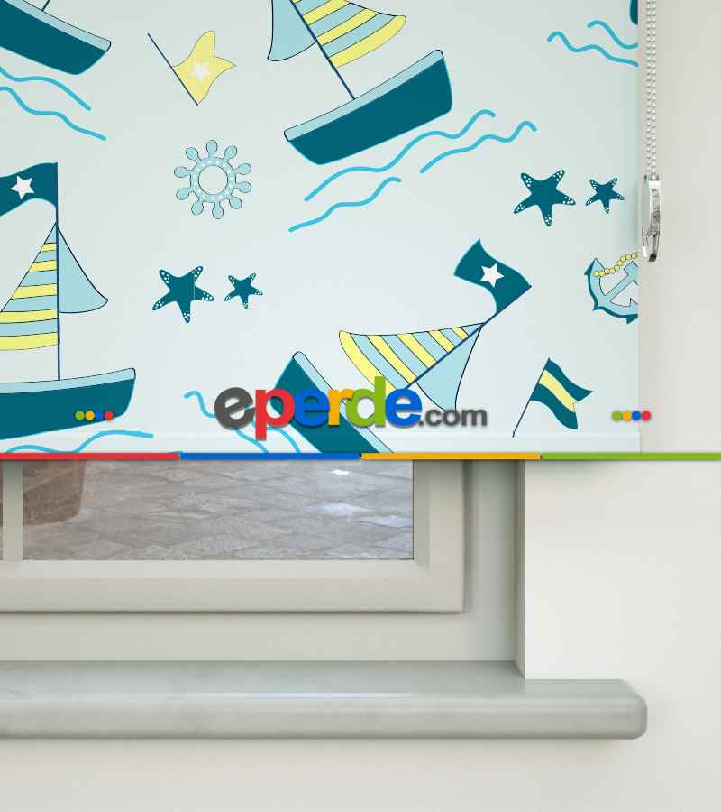 Bebek Odası - Denizci Desenli Baskılı Stor Perde- Yeşil-Çok Renkli