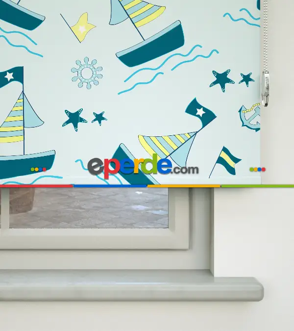 Çocuk Odası Stor Perde - Denizci Desenli Baskılı Stor Perde- Yeşil-Çok Renkli