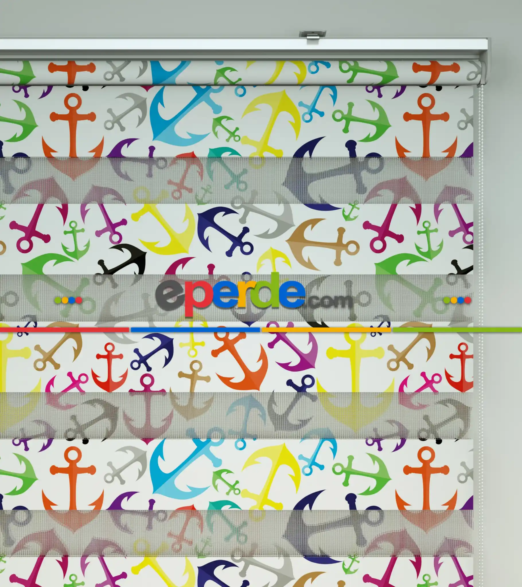 Bebek Odası Zebra Perde - Renkli Çapa Baskılı Zebra Perde- Mavi-Sarı-Beyaz-Turkuaz-Pembe-Su Yeşili