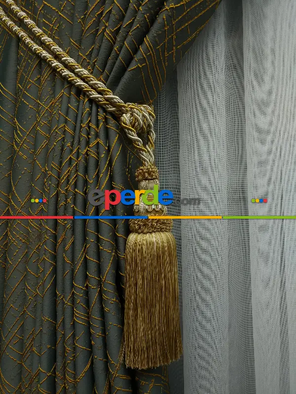 Jakar Desenli Fon Perde- Füme-hardal Sarısı