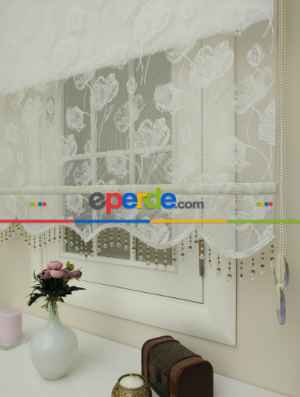 Mutfak - Örme Tül Stor Perde- Beyaz