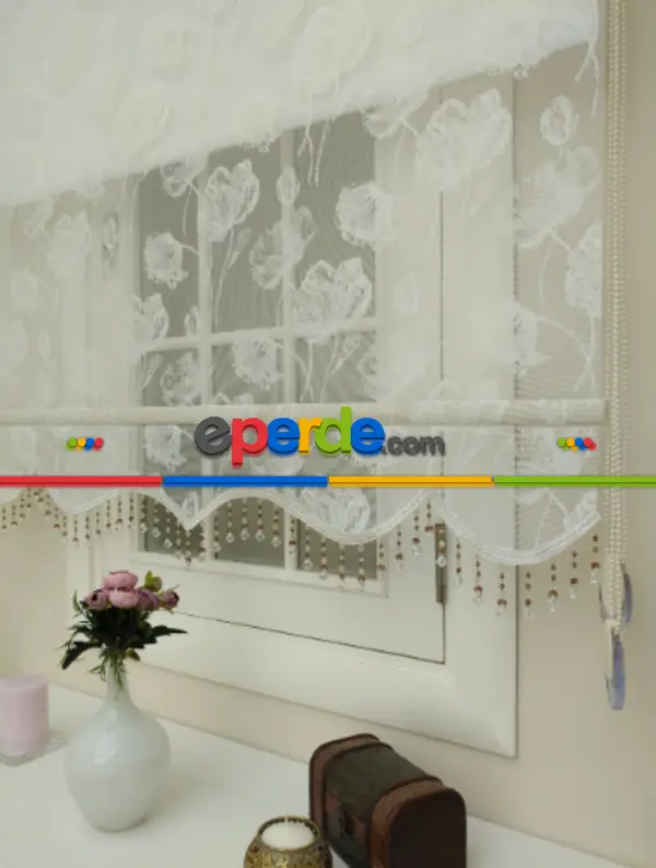 Mutfak - Örme Tül Stor Perde- Beyaz