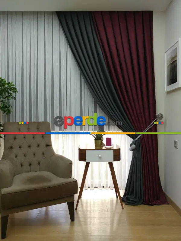 Gri Bordo Renk Kombinli Desenli Fon Perde- Gri-füme-antrasit-bordo