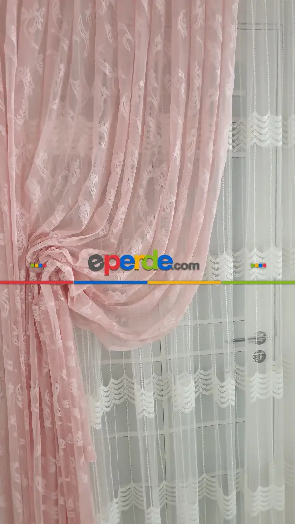 Tül Fon Pembe Renk Büzgülü Yeni Tasarım Penbe Moda Fon Perde- Pembe 70cm X 270cm 