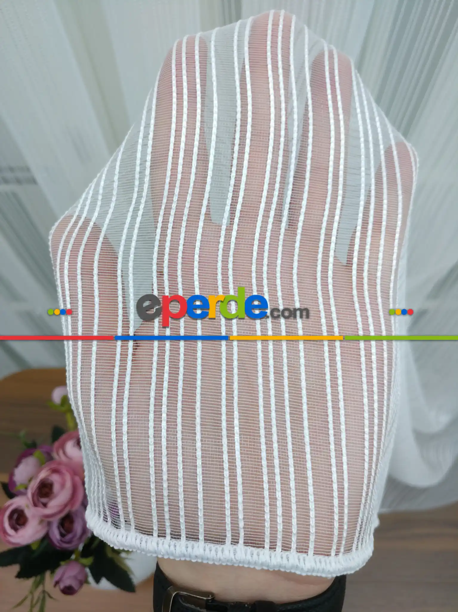 Ekru - Boyuna Çizgili İp Tül Perde- Ekru - Kurşunlu Tül