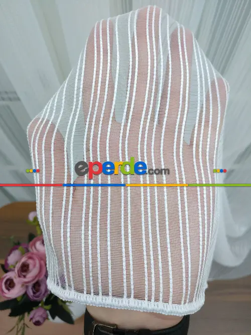 Ekru - Boyuna Çizgili İp Tül Perde- Ekru - Kurşunlu Tül