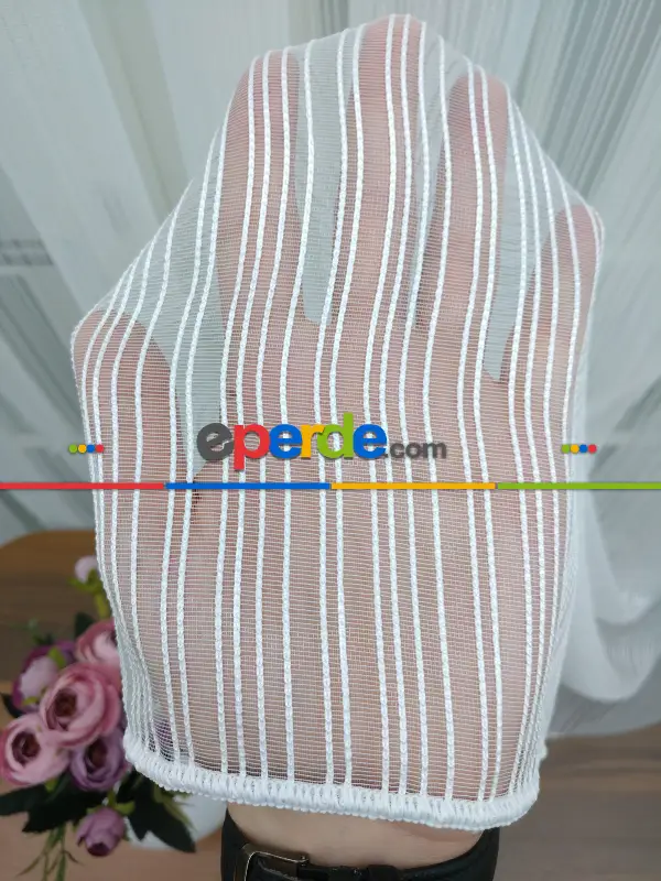 Mutfak - Ekru - Boyuna Çizgili İp Tül Perde- Ekru - Kurşunlu Tül