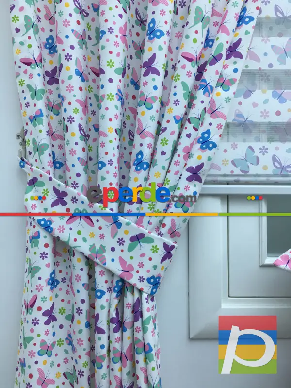 Kelebek Desenli Fon Perde (kalın Pamuklu Kumaş)- Mavi-sarı-pembe-mor Patlıcan Moru-su Yeşili-fıstık Yeşili