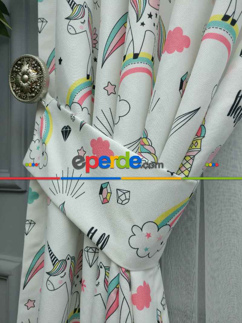 Unicorn Desenli Fon Perde Evm681 Kumaşı Kalındır Duck Bezi Değildir- Siyah-Beyaz-Pembe