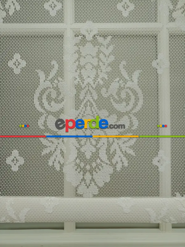 Jakar Örme Tül- Ekru Çiftli Sistem Dantel Desenli Perde- Ekru