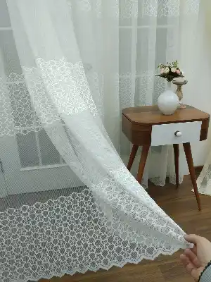Enine Çizgili Geometrik Örme Tül Perde Yüksek Kalite- Ekru