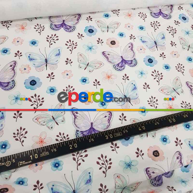 Kelebek Ve Çiçek Desenli Fon Perde Evm815 Kumaşı Kalındır Duck Bezi Değildir- Beyaz