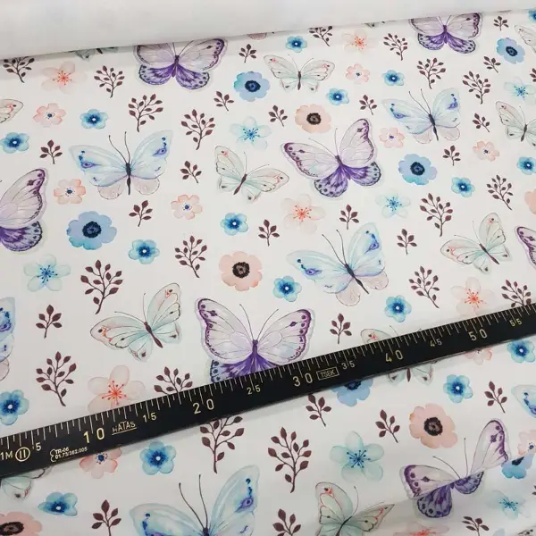 Kelebek Ve Çiçek Desenli Fon Perde Evm815 Kumaşı Kalındır Duck Bezi Değildir- Beyaz