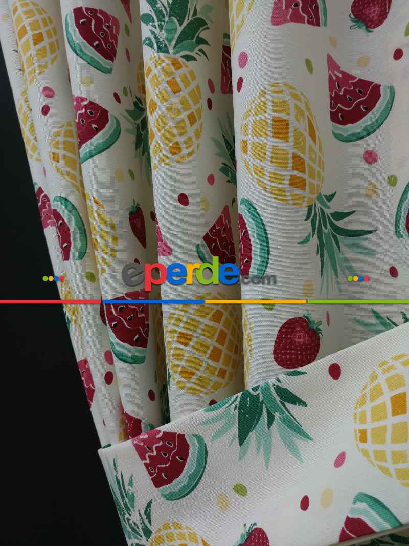 Karpuz-ananas-çilek Desenli Fon Perde (leke Tutmaz )- Kırmızı-açık Yeşil-hardal Sarısı