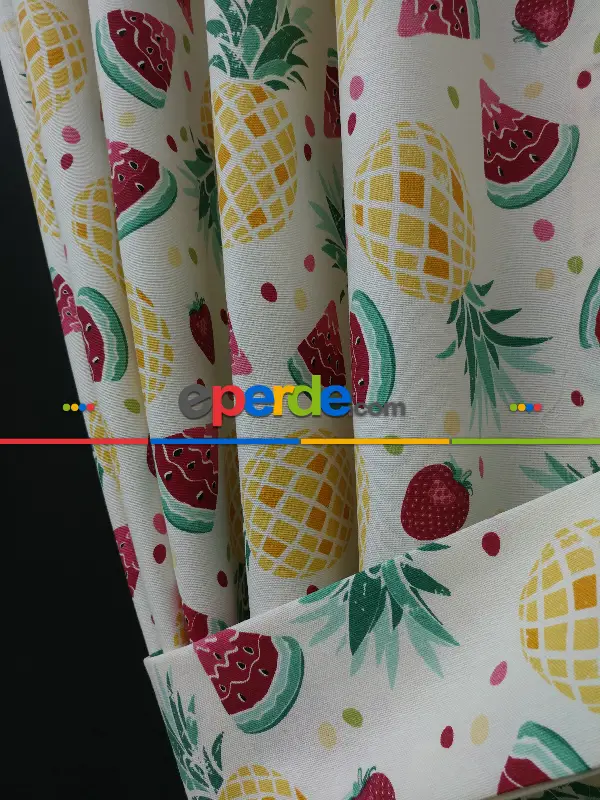 Karpuz-ananas-çilek Desenli Fon Perde (leke Tutmaz )- Kırmızı-Açık Yeşil-Hardal Sarısı