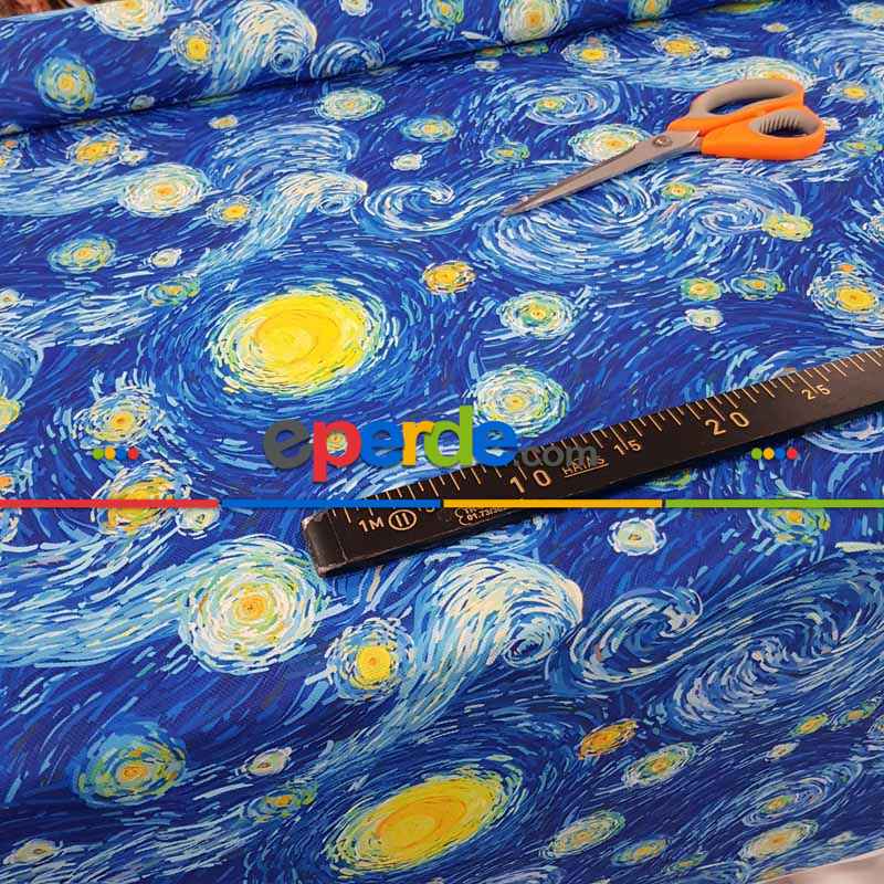 Van Gogh Yıldızlı Gece Desenli Fon Perde Evm679 Kumaşı Kalındır Duck Bezi Değildir- Mavi-Sarı-Beyaz-Mavi Açık-Mavi Koyu