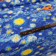 Van Gogh Yıldızlı Gece Desenli Fon Perde Evm679 Kumaşı Kalındır Duck Bezi Değildir- Mavi-Sarı-Beyaz-Mavi Açık-Mavi Koyu