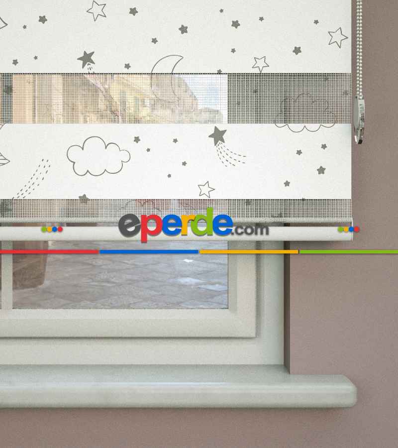 Gri Bulut Desenli Baskılı Zebra Perde- Çok Renkli