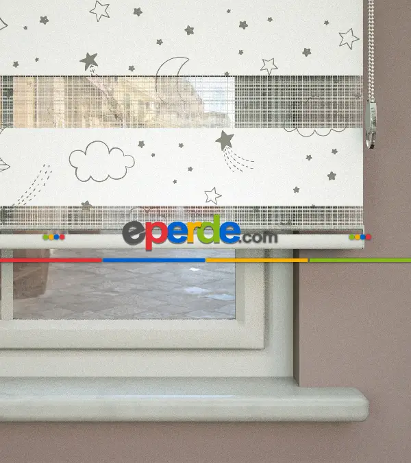 Gri Bulut Desenli Baskılı Zebra Perde- Çok Renkli