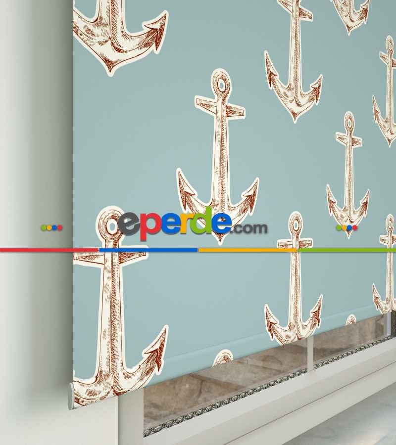 Çapa Desenli Baskılı Stor Perde- Mavi-ekru-kahve