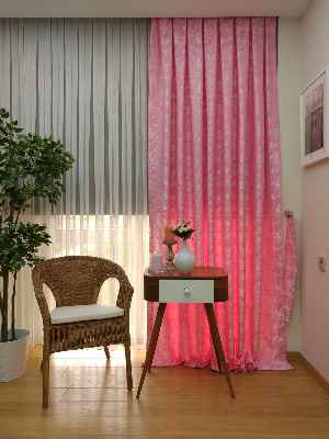 Pembe Renk Jakar Desenli Fon Perde- Şeker Pembe