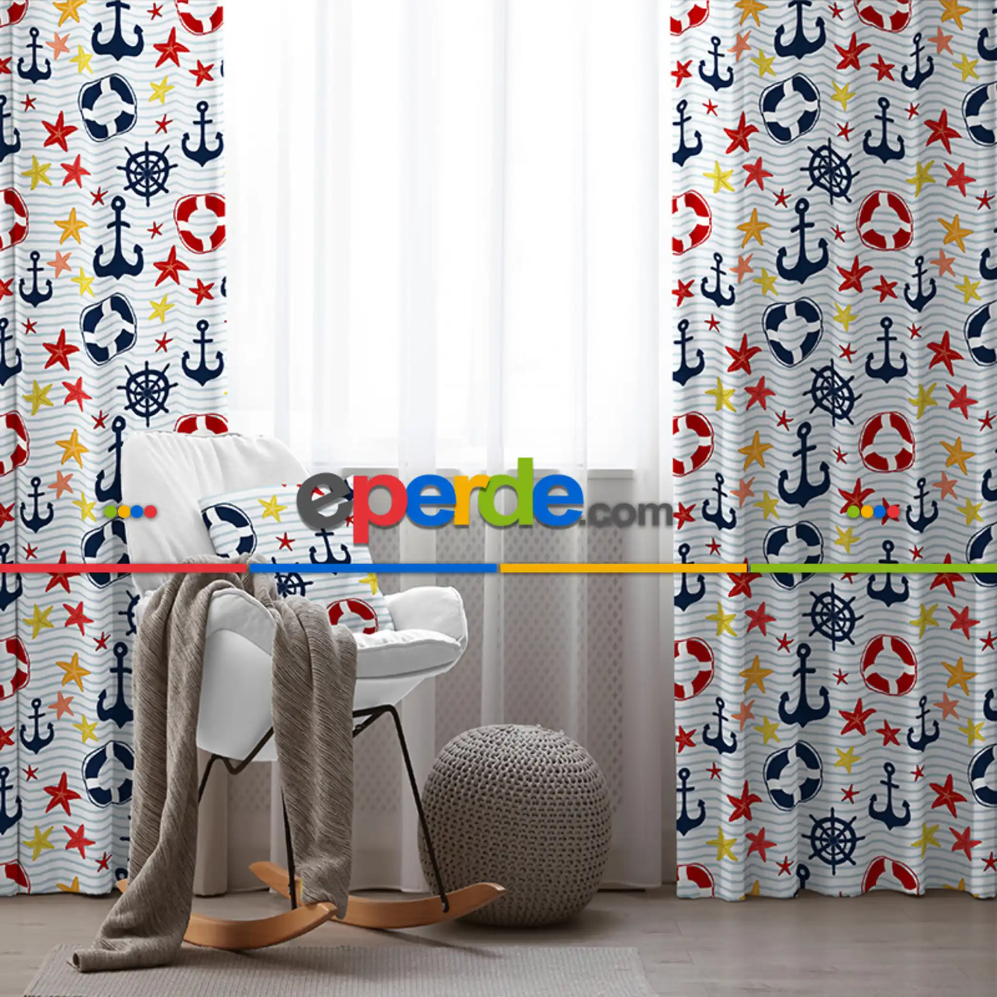 Çocuk Odası - Çapa Desenli Fon Perde Evim932 Kumaşı Kalındır Duck Bezi Değildir- Mavi-beyaz