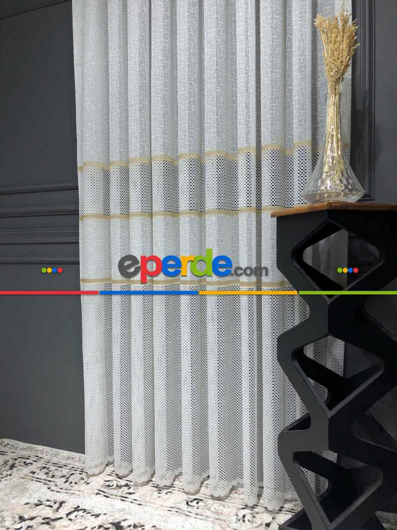 Altın Çizgili Tül Perde - Spor Desenli - Tül Perde - Örme Tül Perde - Ütü İstemeyen