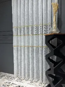 Salon - Aplik, Jakar, Eteği Bordürlü, Tül Perde - Ekru/gold