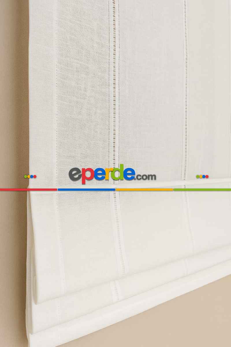 "katlamalı Tül Perde – Beyaz Keten Kenarı Şeritli Mekanizmalı Perde "