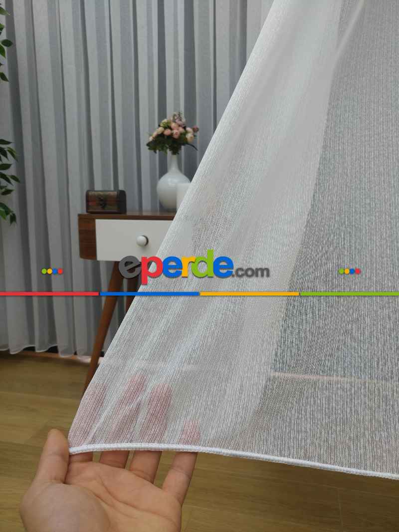 Salon ( Orjinal ) Fantazi İnce Çizgili Tül Perde Kurşunlu Resimdeki Pile 1/3- Ekru