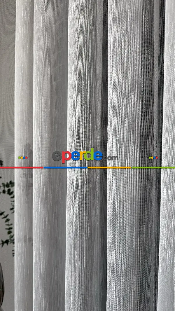 Bebek Odası Tül Perde - Açık Gri Çizgili Naturel Keten Düz Tül Perde - Premium Kalite Serisidir, Eteği Kurşunlu Tül