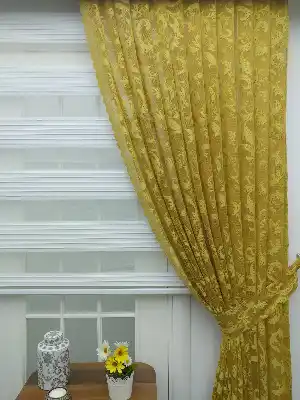Sarı - Desenli Dantel Tül Fon Perde- Sarı