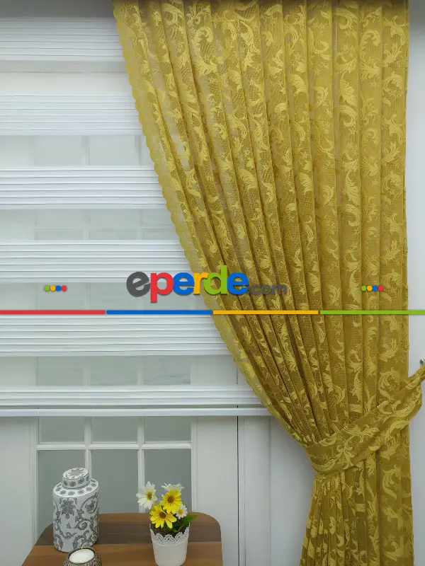 Sarı - Desenli Dantel Tül Fon Perde- Sarı