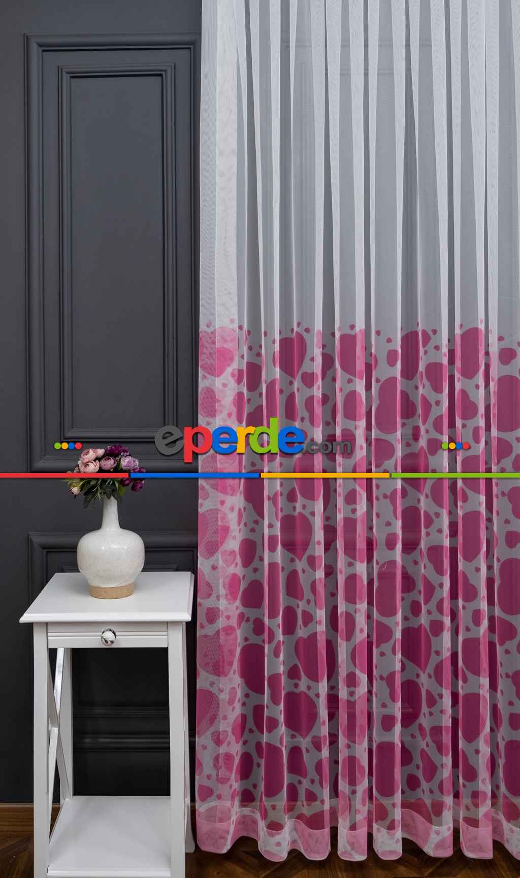 Hazır Ölçülü Petek Zemin Pembe Renkli Kalpler Desenli Grek Baskılı Tül Perde