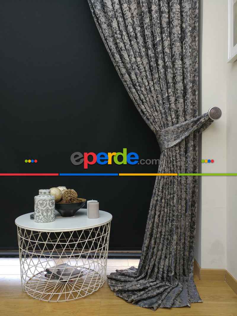 Patine Desenli Krem Antresit Desenli Jakar Fon Perde (180cm En)- Antrasit